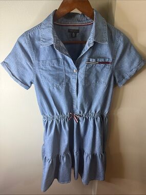Tommy Hilfiger Light Blue Denim-Style Girls Dress with Red-White-Blue Trim